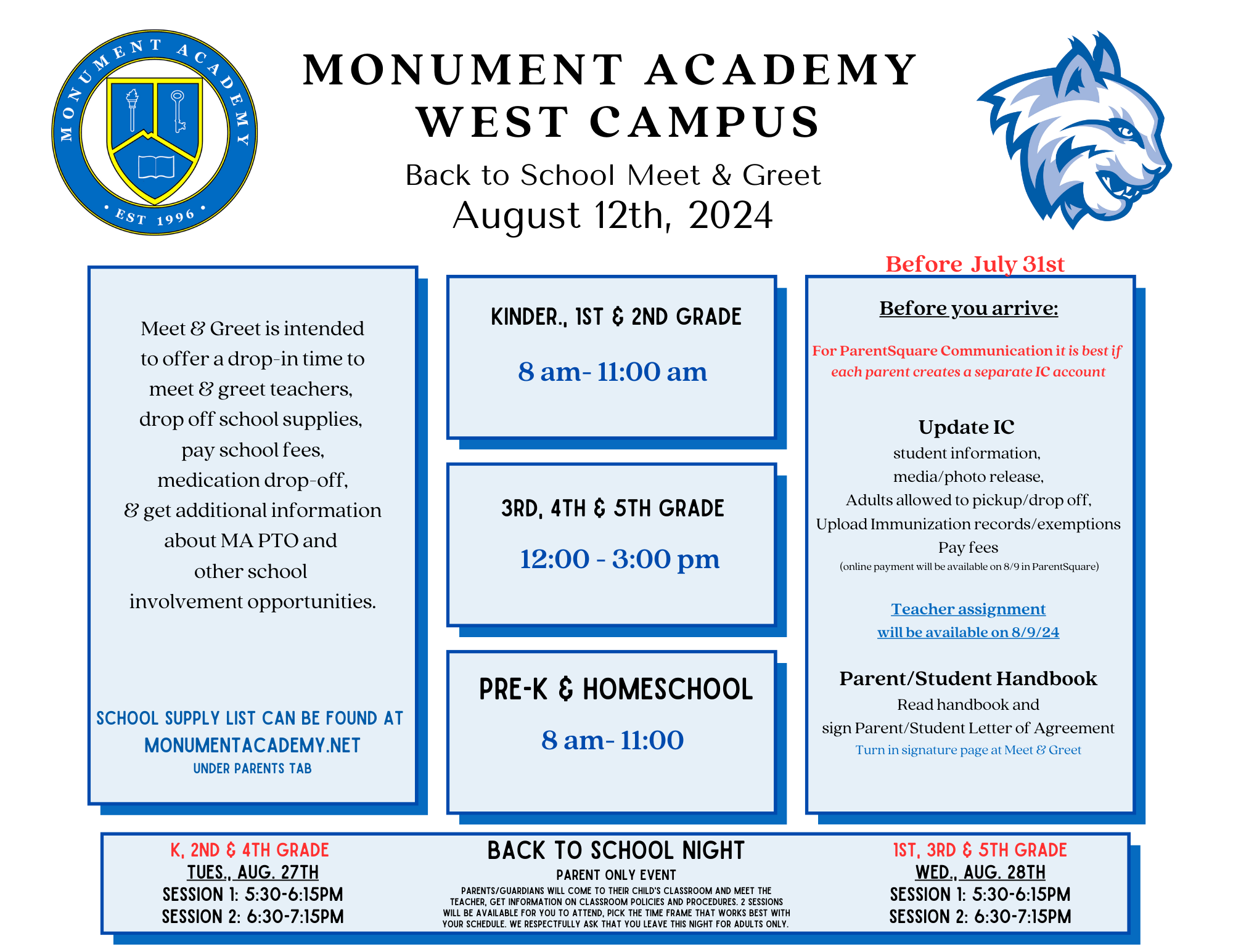 West Campus Back to School Events - Monument Academy